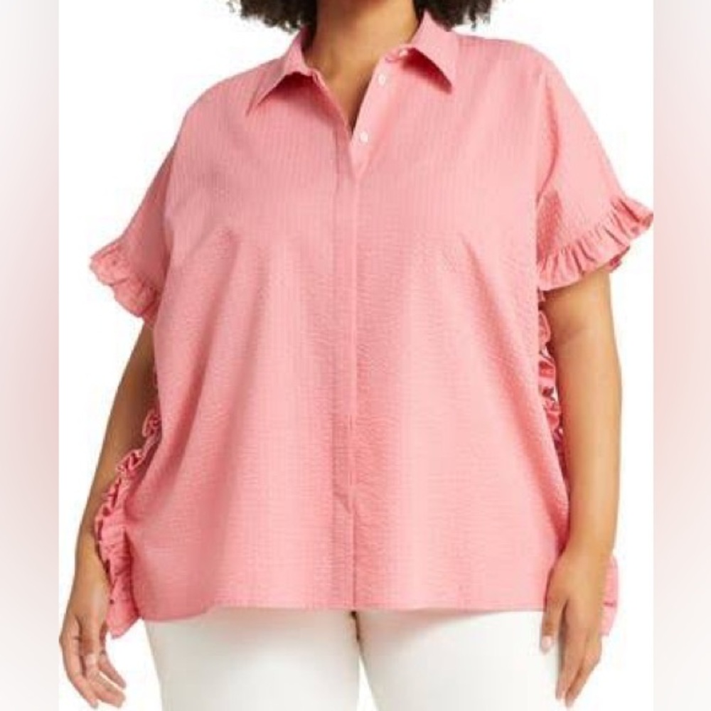 Harshman Darcy Rose Pink Seersucker Ruffle Blouse Top NWT